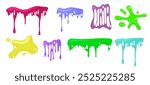 Liquid green slime. Halloween goo mucus vector texture. Jelly toxic ooze splatter border. Radioactive paint phlegm isolated icon. Pink, blue and yellow stretch gooey syrup. Fluid stain blot shape