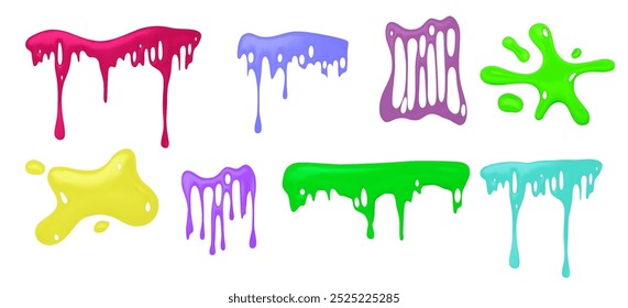 Liquid green slime. Halloween goo mucus vector texture. Jelly toxic ooze splatter border. Radioactive paint phlegm isolated icon. Pink, blue and yellow stretch gooey syrup. Fluid stain blot shape