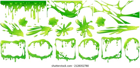 Liquid green slime splashes, border and frames from dripping poison goo. Vector cartoon set of fluid mucus drops and blobs. Illustration of sticky ooze splatters isolated on white background