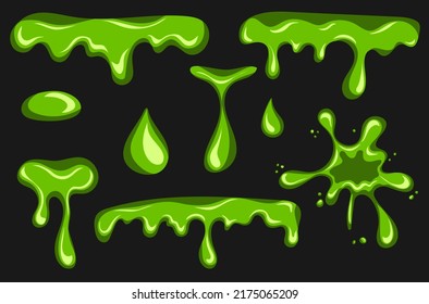 Liquid green slime splashes and border from dripping poison goo. Set of fluid mucus drops and blobs. Happy halloween design elements. Hand drawn Vector illustration