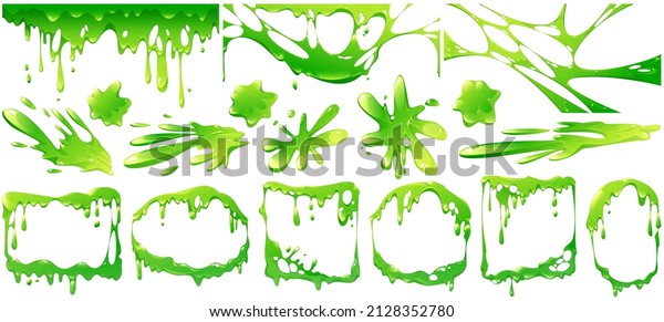 Liquid\
green slime splashes, border and frames from dripping poison goo.\
Vector cartoon set of fluid mucus drops and blobs. Illustration of\
sticky ooze splatters isolated on white\
background