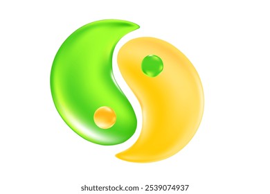 Verde líquido, amarelo yin yang ícone com brilho textura de vidro isolado, fundo transparente. Elemento de design asiático ou chinês para ioga, equilíbrio, autocontrole, relaxamento