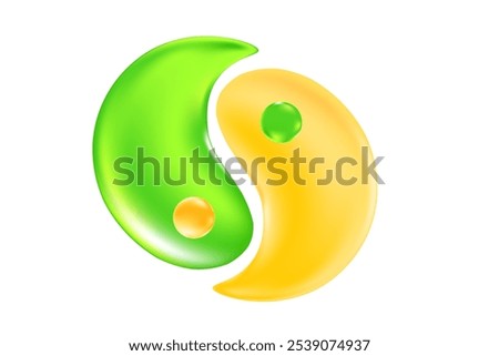 Liquid green, yellow yin yang icon with glowing glass texture isolated, transparent background. Asian or Chinese design element for yoga, balance, self control, relaxation