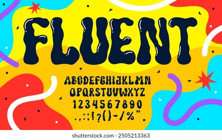 Tipo de groovy líquido, fuente psicodélica y2k, tipografía de burbuja hippie, letras del alfabeto inglés y números sobre fondo de Vector de patrón de manchas de color. Fuente de burbuja líquida psicodélica, fuente de caracteres abc y2k