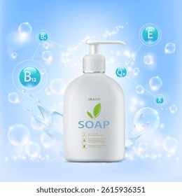 Liquid hand soap in a bottle with dispenser. Vector mockup.
