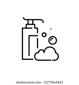 Liquid hand soap in bottle. Lather foam and bubbles. Pixel perfect, editable stroke