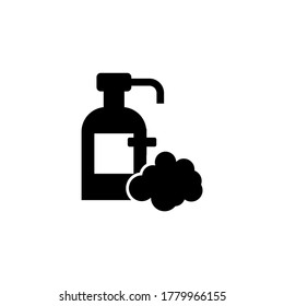 Liquid Hand Soap Bottle, Shampoo Foam. Flat Vector Icon illustration. Simple black symbol on white background. Liquid Hand Soap Bottle, Shampoo Foam sign design template for web and mobile UI element