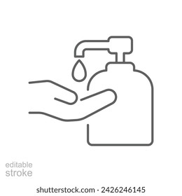 Liquid hand soap icon. Simple outline style. Hand washing, gel, disinfect, antibacterial, bottle, dispenser, clean concept. Thin line symbol. Vector illustration isolated. Editable stroke.