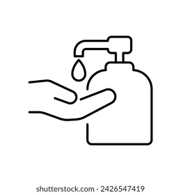 Liquid hand soap icon. Simple outline style. Hand washing, gel, disinfect, antibacterial, bottle, dispenser, clean concept. Thin line symbol. Vector illustration isolated.