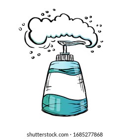 Liquid hand soap. Sanitizer antiseptic spray. Corona virus disinfectant solution. Sanitize doodle hand drawn, poster, speech bubble vector illustration. Gel, Shampoo, Soap, Lotion. Washing solution.