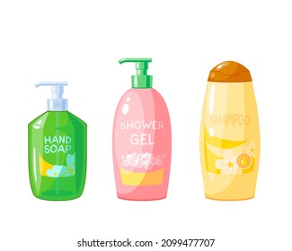 Liquid hand soap, shampoo and shower gel. Vector illustration cartoon icon set isolated on white background.