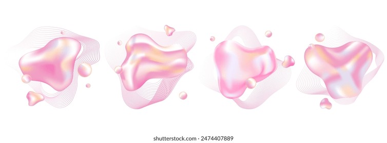 liquid holographic 3d abstract shapes set of design elements.Abstract liquid Fluid shape bubbles vector 