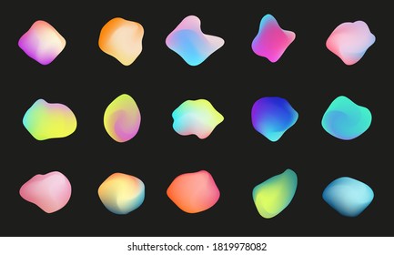 Liquid holographic chameleon shimmering colors elements set. Modern fluid gradient iridescent shapes.  svg