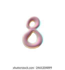 Liquid holographic font in Y2K style. Vector 3D illustration of a glossy iridescent number 8, made of liquid metal with a shiny pink surface. Ideal for design on an isolated background.