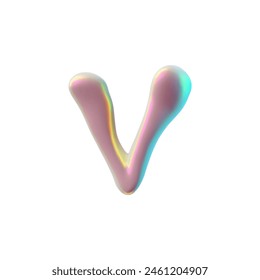 Liquid holographic font in Y2K style. Vector 3D illustration of the English letter V with shiny iridescent pink surface and liquid metal texture, perfect for design. Isolated background.