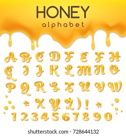 Liquid honey alphabet isolated on white background. Honeyed yellow caramel food font with drops and splashes. Vector illustration