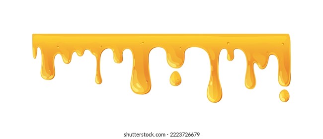 Liquid honey border with dripping gold fluid, drops. Maple syrup, amber caramel sauce flowing down, melting with sticky yellow droplets. Flat graphic vector illustration isolated on white background.