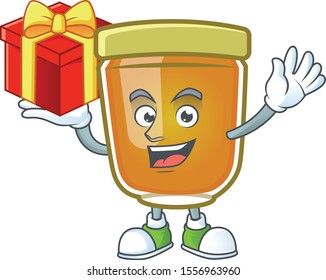 Liquid honey cartoon character with mascot bring gift