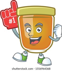 Liquid honey cartoon character with mascot foam finger