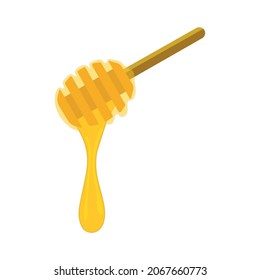 Liquid honey dripping from wooden dipper. Golden honey drop, sticky syrup wood spoon. Natural healthy product package design. Vector illustration