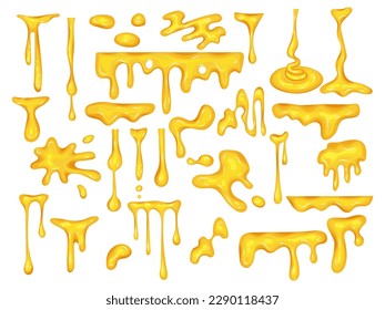 Liquid honey. Sweet organic natural splashes of yellow food recent vector cartoon template