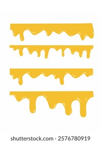 Liquid honey syrup dripping set Yellow melted sauce flowing and dropping golden caramel droplets collection on white background