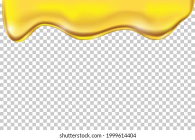 Liquid honey syrup dripping. Yellow melted sauce flowing and dropping vector illustration. Golden caramel droplets on transparent background. Delicious sweet food product.
