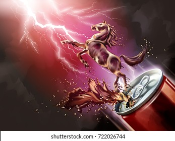 Liquid horse jumped up from can with splashing beverages in 3d illustration, red lightning background