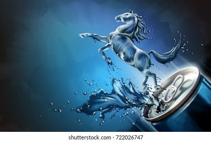 Liquid horse jumped up from can with splashing beverages in 3d illustration, blue background design element