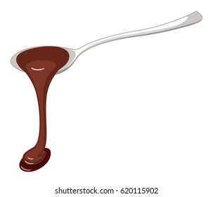 Liquid hot chocolate stream with spoon isolated on white background.