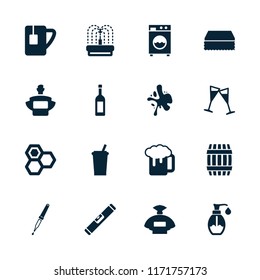 Liquid icon. collection of 16 liquid filled icons such as barrel, perfume, honey, drink, beer mug, fountain, soap, tea cup, pipette. editable liquid icons for web and mobile.