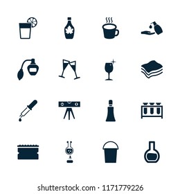 Liquid icon. collection of 16 liquid filled icons such as perfume, cream tube, maple syrup, cup, wine glass, sponge, test tube. editable liquid icons for web and mobile.
