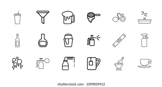 Liquid icon. collection of 18 liquid outline icons such as canister, honey, paint bucket, filter, beer mug, spray bottle, tea cup. editable liquid icons for web and mobile.