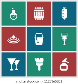 Liquid icon. collection of 9 liquid filled icons such as barrel, paint bucket, wine glass, water drop, spray bottle, paint brush. editable liquid icons for web and mobile.