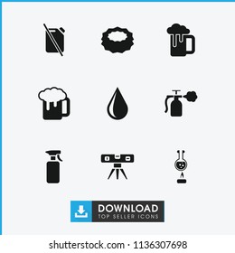 Liquid icon. collection of 9 liquid filled icons such as water drop, sponge, level ruler, beer mug, spray bottle, test tube. editable liquid icons for web and mobile.