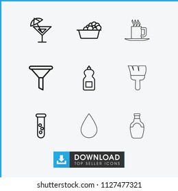 Liquid icon. collection of 9 liquid outline icons such as laundry, cleanser, filter, test tube, cocktail, water drop, paint brush. editable liquid icons for web and mobile.