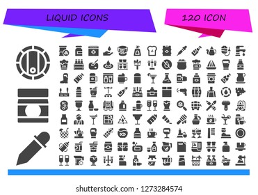 liquid icon set. 120 filled liquid icons. Simple modern icons about  - Barrel, Eyedropper, Baby food, Milk, Blood, Paint bucket, Soap, Toast, Beer, Pipette, Teapot, Dropper, Faucet