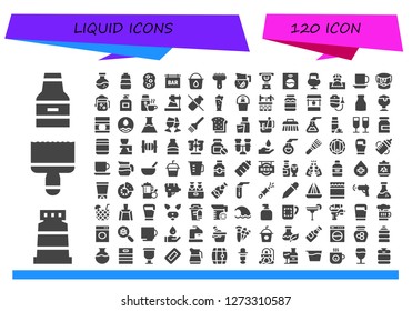  liquid icon set. 120 filled liquid icons. Simple modern icons about  - Beer, Paint, Paint brush, Flask, Bottle, Sponge, Bar, Paint bucket, Brush, Lemonade, Cup, Washing machine