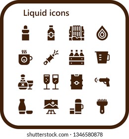 liquid icon set. 16 filled liquid icons.  Simple modern icons about  - Eye dropper, Bottle, Waterfall, Drop, Coffee cup, Water gun, Beer box, Measuring cup, Rum, Champagne, Beer
