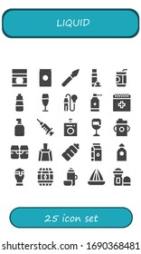 conjunto de iconos líquidos. 25 íconos líquidos llenos.  Iconos modernos sencillos, como: Alimentos para bebés, refrescos, pincel para pintura, espuma, botella, champán, pipeta, antiséptico, sangre, jabón, lavadora