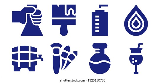 liquid icon set. 8 filled liquid icons.  Collection Of - Beer, Flask, Brushes, Brush, Water bottle, Cocktail, Drop