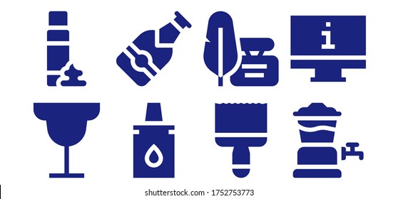 conjunto de iconos líquidos. 8 íconos líquidos rellenos. Cóctel incluido, espuma, cuentagotas, cerveza, pincel de pintura, tinta, grifo de cerveza, iconos de monitor