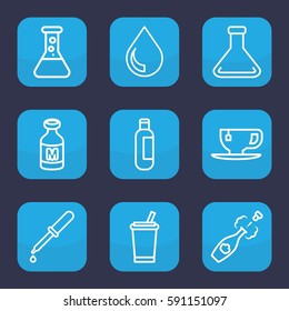 liquid icon. Set of 9 outline liquid icons such as bottle, tea cup, pipette, milk, test tube, champagne, drop