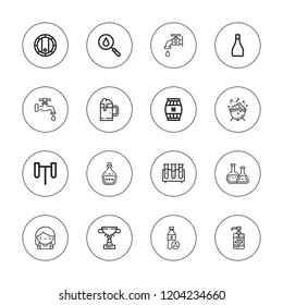 Liquid icon set. collection of 16 outline liquid icons with barrel, bartender, bottle, beer, blood, cauldron, cup, faucet, flasks, rum, plastic bottle, test tube icons.