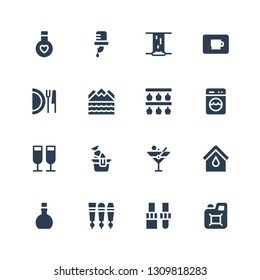 liquid icon set. Collection of 16 filled liquid icons included Jerrycan, Dropper, Beer tap, Potion, Blood, Martini, Beer, Toast, Washing, Bottle rack, Flood, Dish, Coffee cup