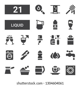 liquid icon set. Collection of 21 filled liquid icons included Washing machine, Coffee cup, Beer, Washing, Filter, Water tap, Blood, Water bottle, Test tube, Milk, Nail polish