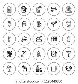 Liquid icon set. collection of 25 outline liquid icons with beer tap, beer, cocktail, cup, dish, filter, juice, iv pole, measuring cup, lemonade icons. editable icons.