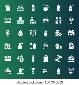 liquid icon set. Collection of 36 filled liquid icons included Cocktail, Water bottle, Water gun, Test tube, Flask, Faucet, Flood, Blood, Paint bucket, Beer, Perfume, Poison, Bottle