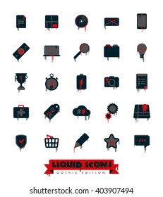 Liquid Icons Collection Gótica Edition. Conjunto de líquidos, goteo de sangre, telaraña derritiéndose y símbolos comerciales