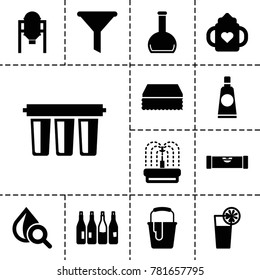Liquid icons. set of 13 editable filled liquid icons such as tank, bottle, level ruler, baby bottle, sponge, paint bucket, filter, fountain, drop under magnifier, cocktail